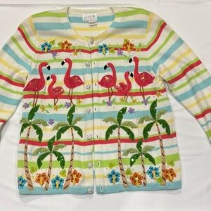 Just B Button Front Cardigan, Flamingos, Embellishments, Women’s Size Medium